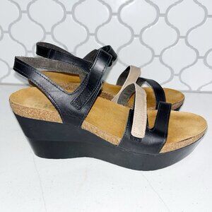 NAOT Black Tan Leather Strappy Wedge Sandals Shoes 39 EU 8-8.5 US NIB